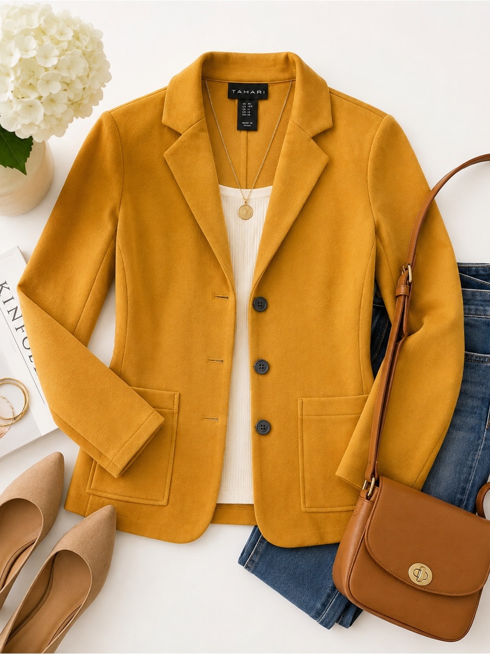 Tahari Mustard Gold Knit Blazer Jacket Size XS 3 Button Patch Pockets